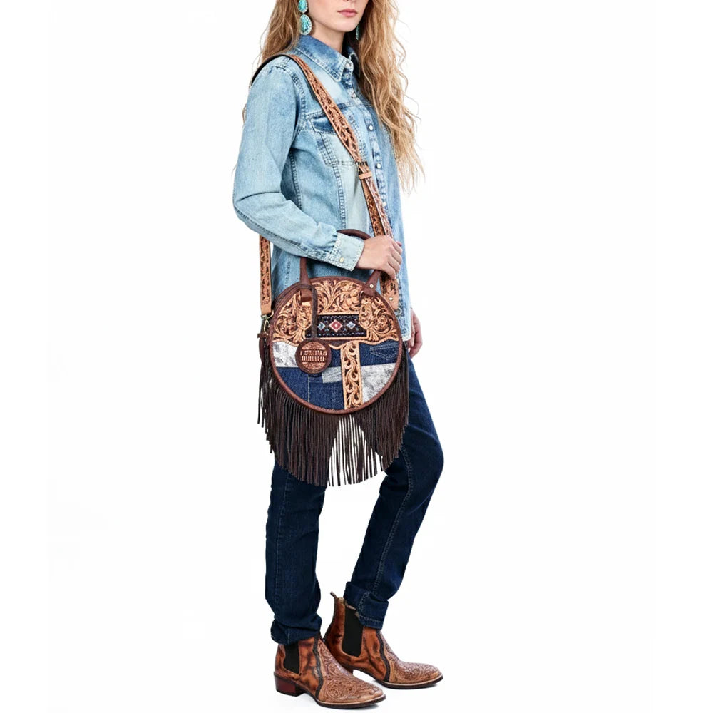 American Darling Denim & Floral Tooled Leather Fringe Canteen Bag