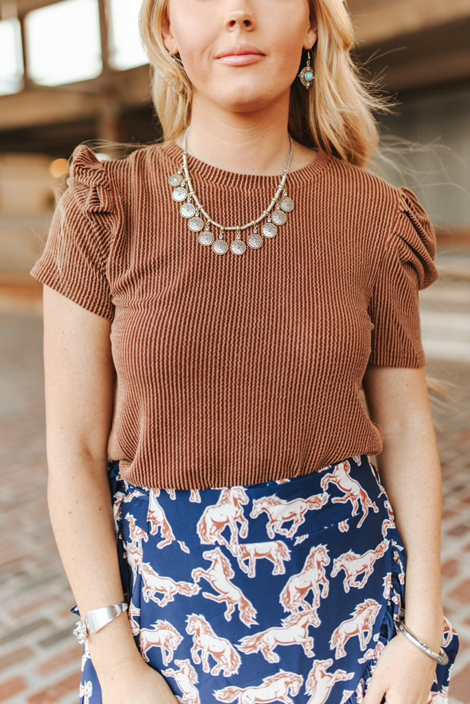 The Rodeo Darling Ribbed Puff Sleeve Top