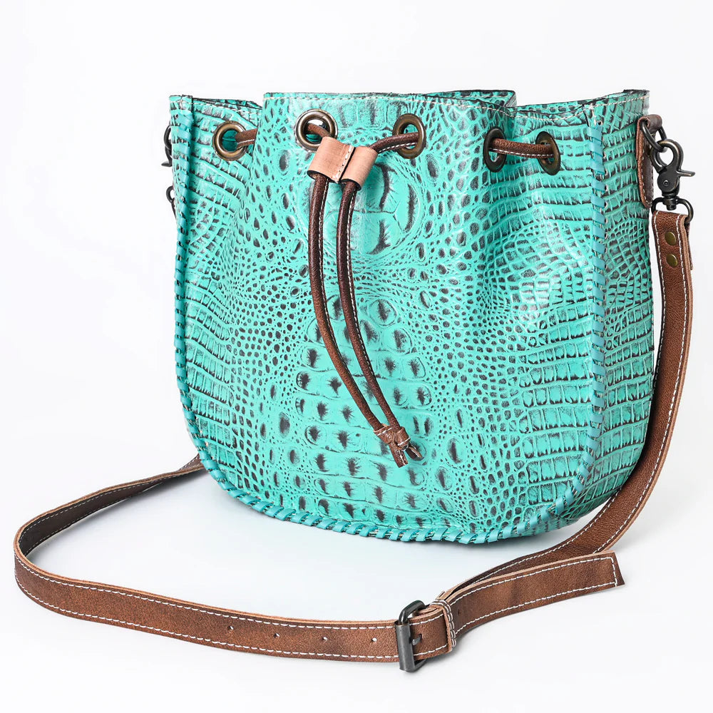 Turquoise Embossed Leather Bucket Bag with Drawstring & Whipstitch Detailing