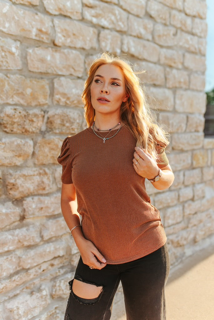 The Rodeo Darling Ribbed Puff Sleeve Top