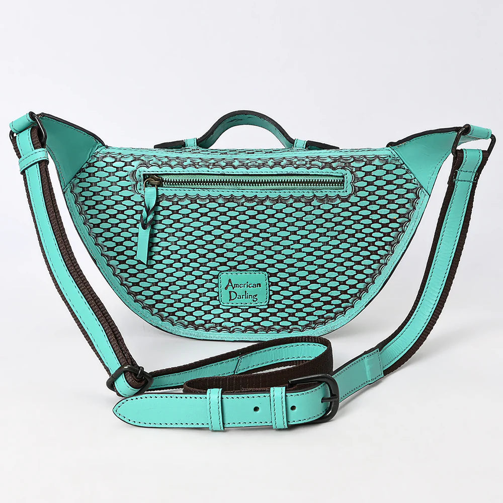 Turquoise Embossed Leather Bucket Bag with Drawstring & Whipstitch Detailing
