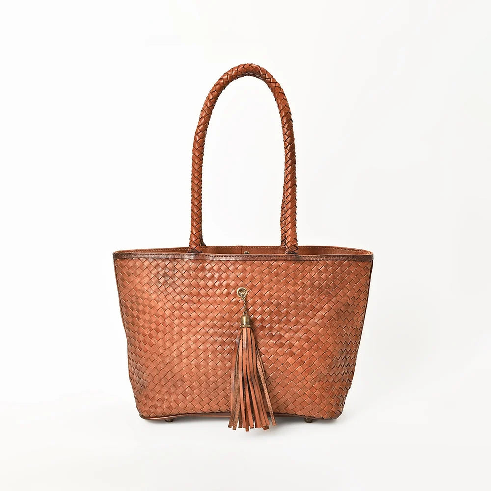 American Darling Basket Weave Leather Tote with Braided Handles & Tassels