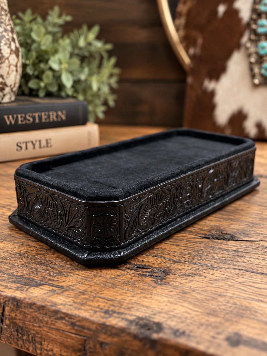 Western Tooled Jewelry Display Tray – Velvet Ring & Turquoise Organizer