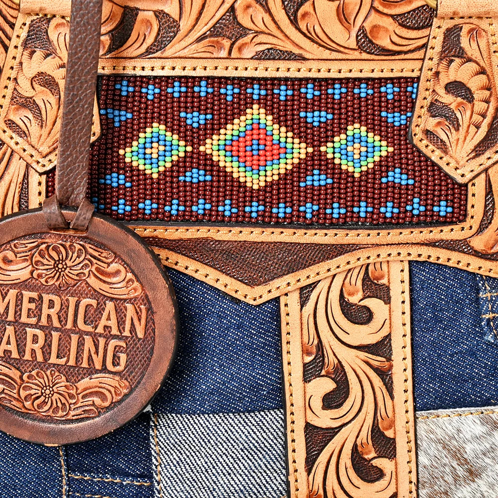 American Darling Denim & Floral Tooled Leather Fringe Canteen Bag