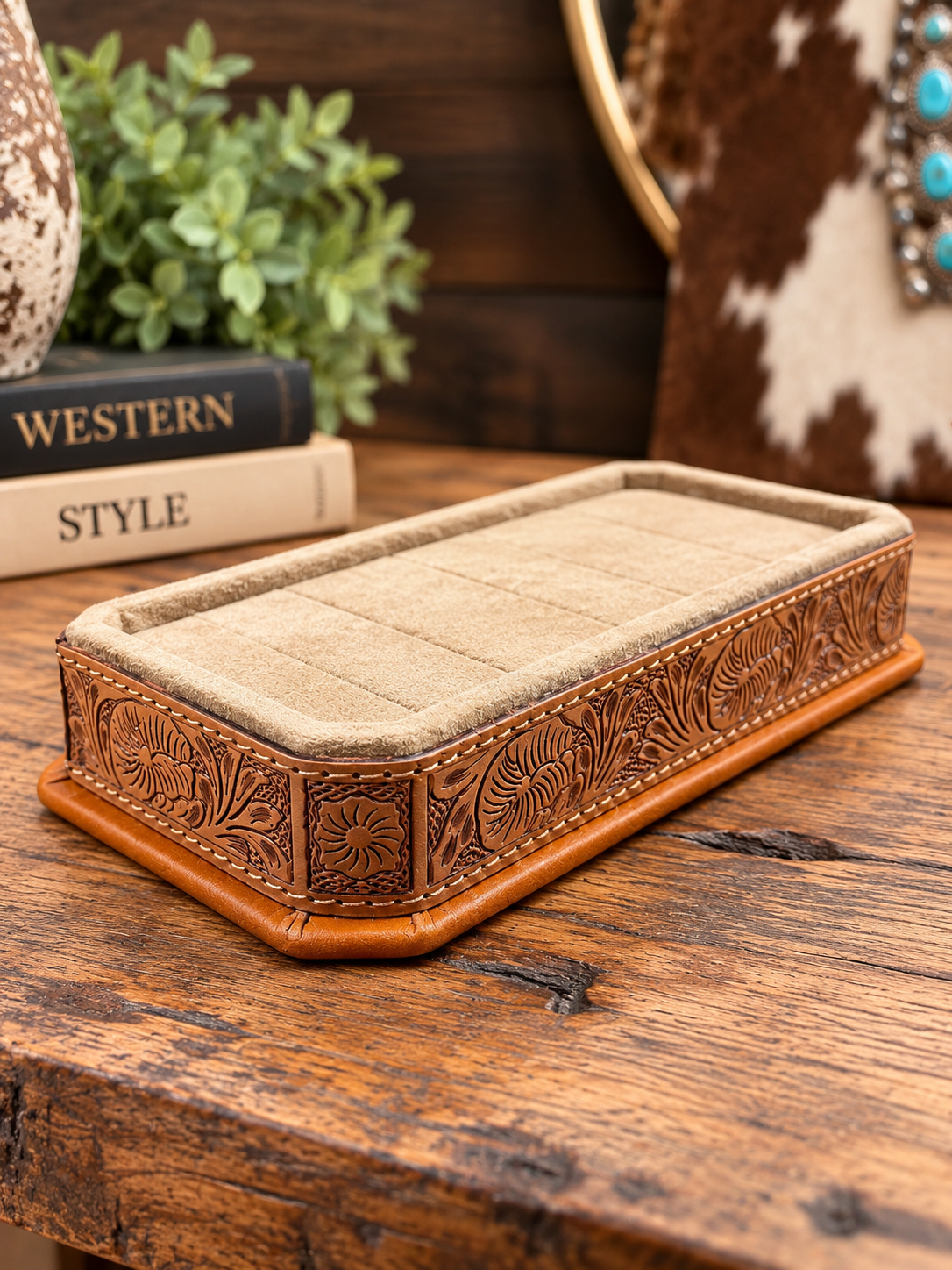 Western Tooled Jewelry Display Tray – Velvet Ring & Turquoise Organizer