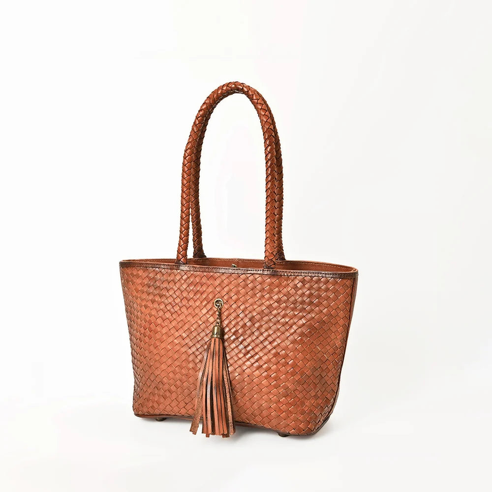 American Darling Basket Weave Leather Tote with Braided Handles & Tassels