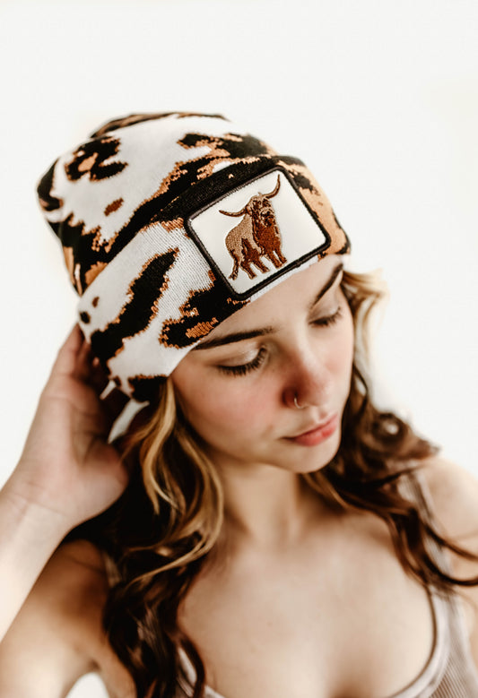 Highland Cow Embroidered Patch Beanie