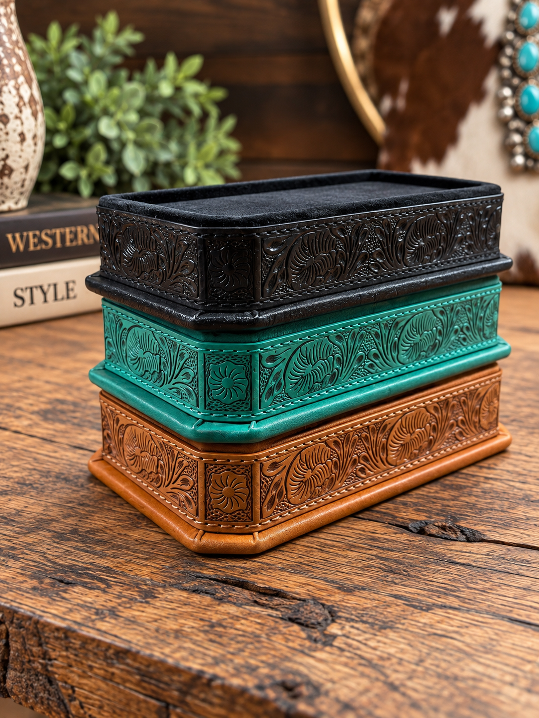 Western Tooled Jewelry Display Tray – Velvet Ring & Turquoise Organizer