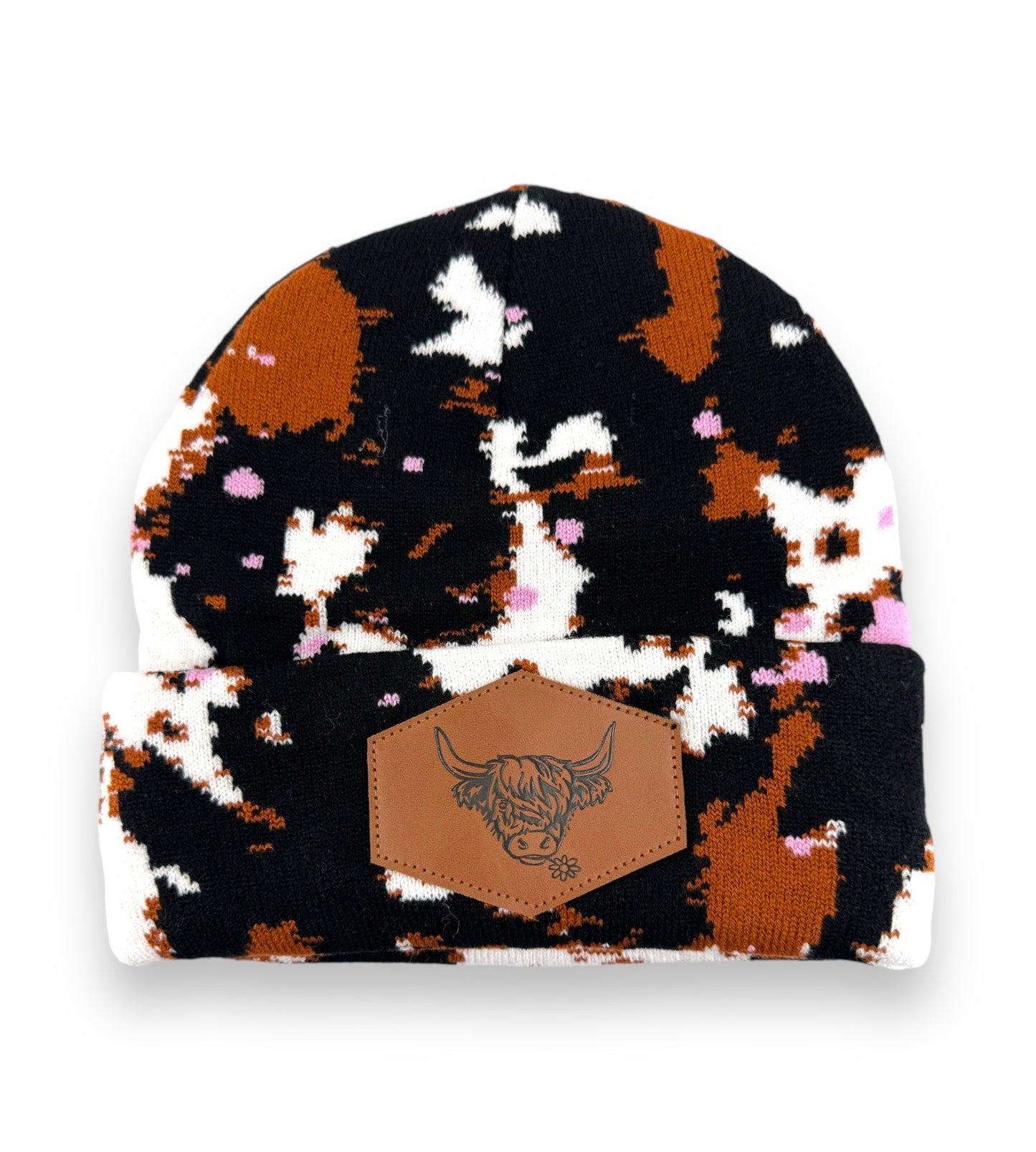 Splatter Paint Cow Print Beanie with Highland Cow Leather Patch