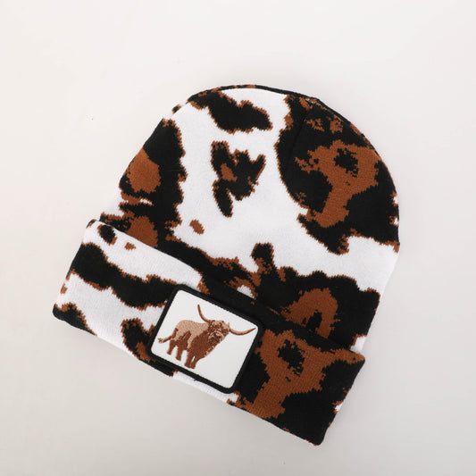 Highland Cow Embroidered Patch Beanie