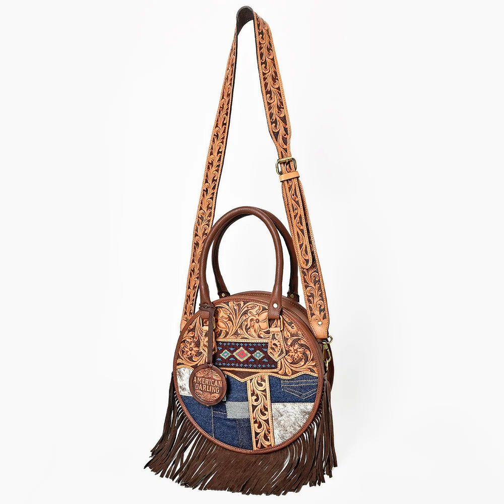 American Darling Denim & Floral Tooled Leather Fringe Canteen Bag