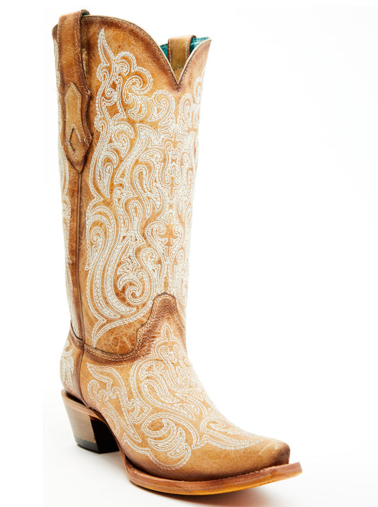 Corral Women's Straw Brown with Luminescent Embroidery Snip Toe Cowboy Boots