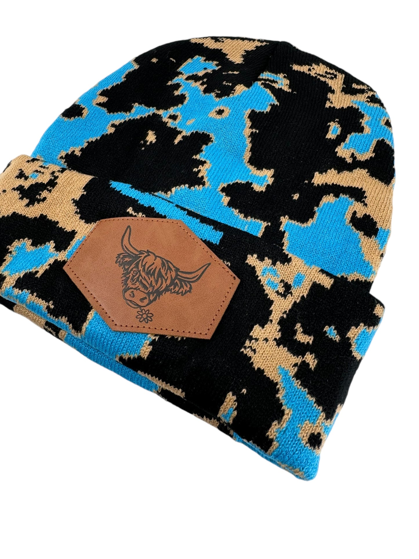 Blue Highland Cow Print Beanie