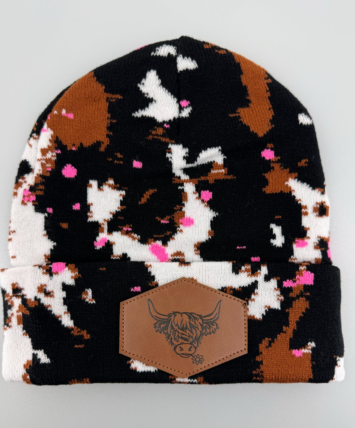 Splatter Paint Cow Print Beanie with Highland Cow Leather Patch