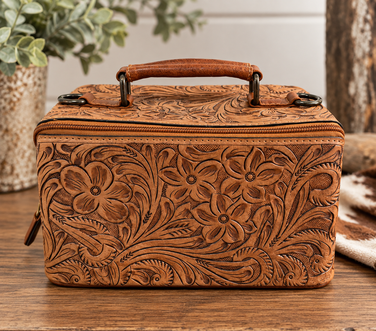 Tooled Leather Western Makeup Case with Crossbody Strap