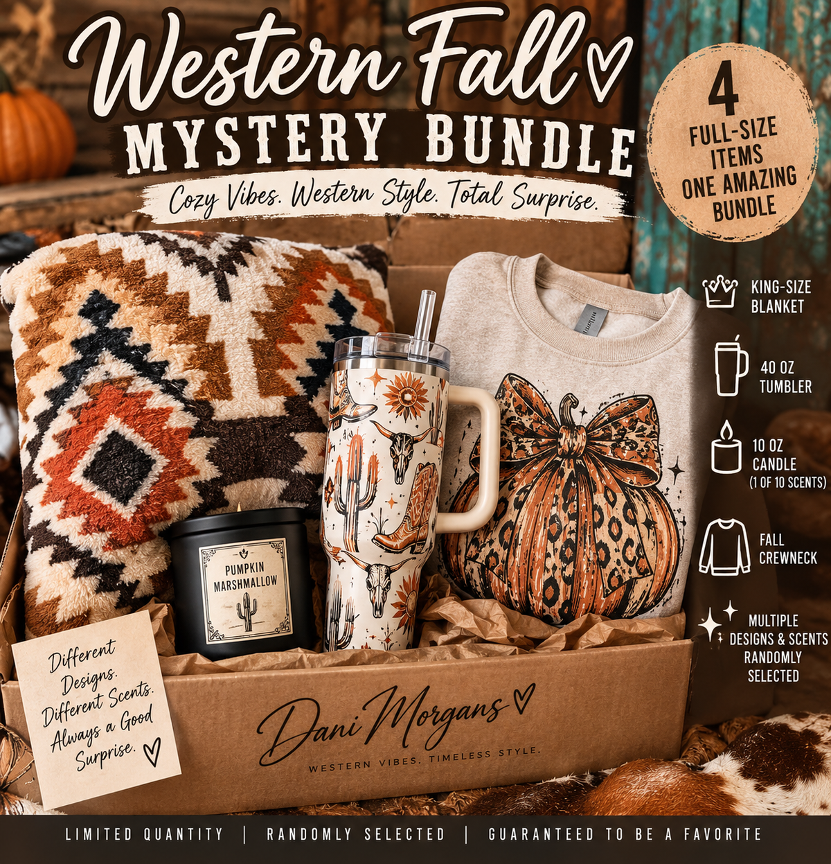 Western Fall Cozy Bundle – King Blanket, Crewneck, 40oz Tumbler & Candle