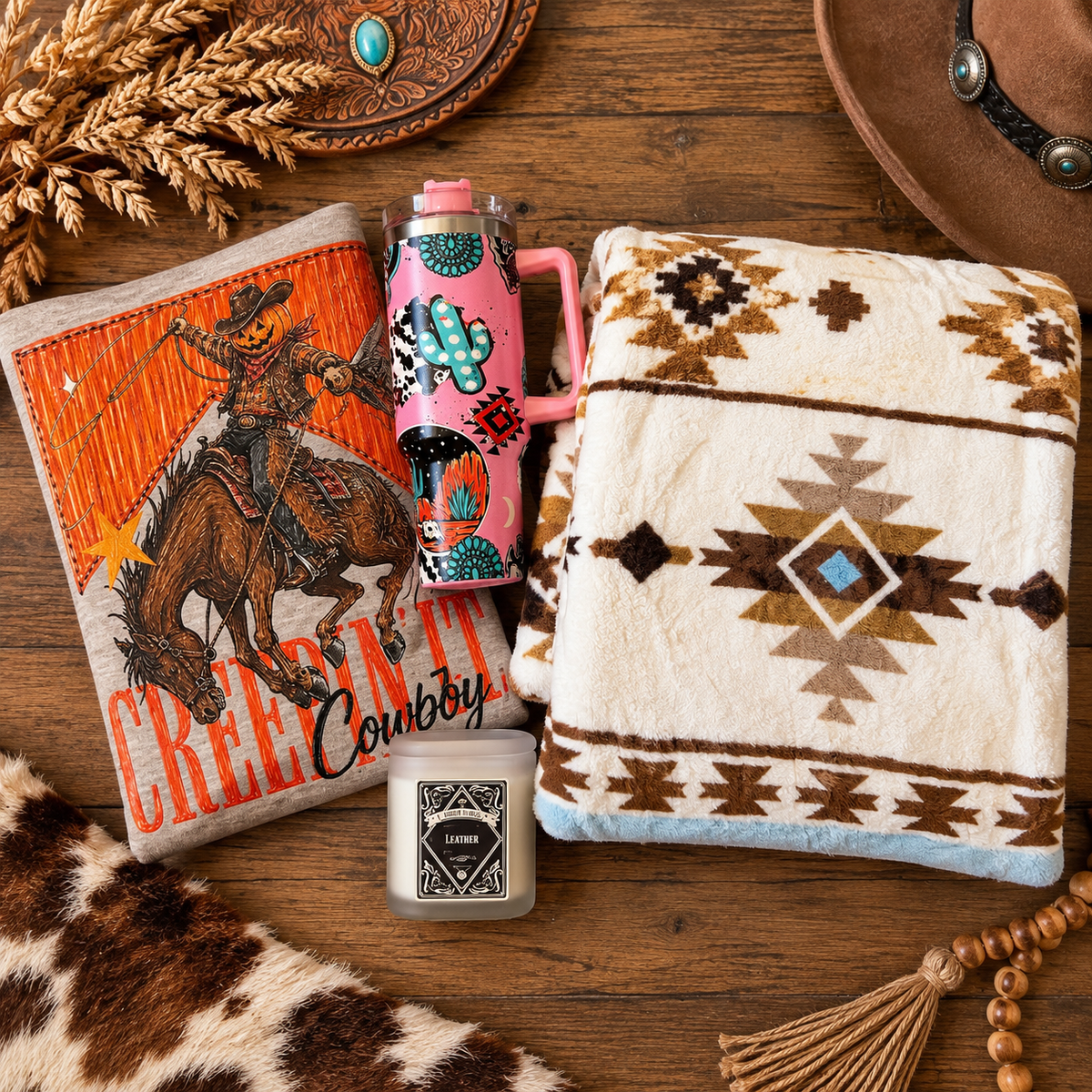 Western Fall Cozy Bundle – King Blanket, Crewneck, 40oz Tumbler & Candle