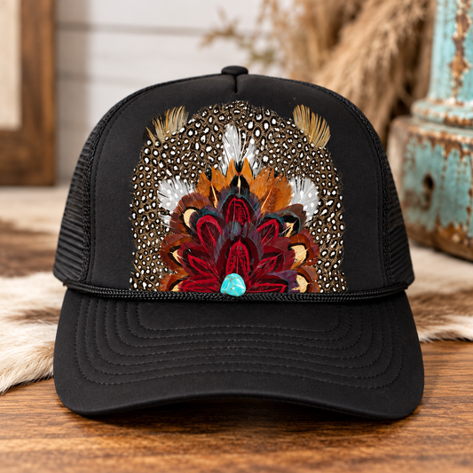 Black Feather Detailed Trucker Hat