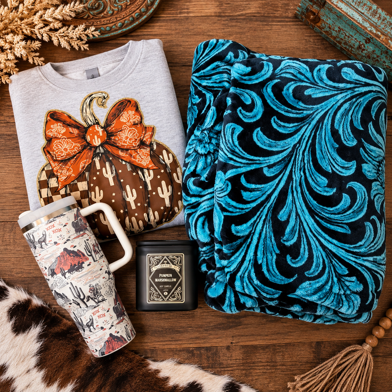 Western Fall Cozy Bundle – King Blanket, Crewneck, 40oz Tumbler & Candle
