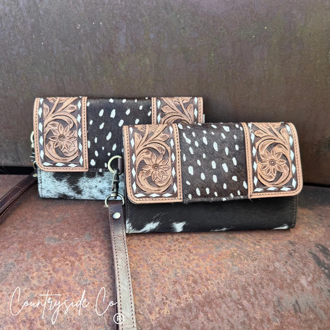 Wild Axis Genuine Cowhide & Tooled Leather Western Wallet Wristlet