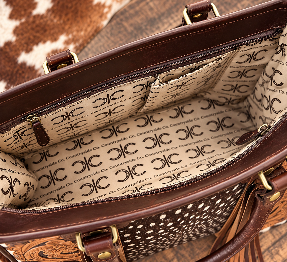 Wild Axis Genuine Cowhide & Hand-Tooled Leather Fringe Tote | Western Concealed Carry Laptop Bag