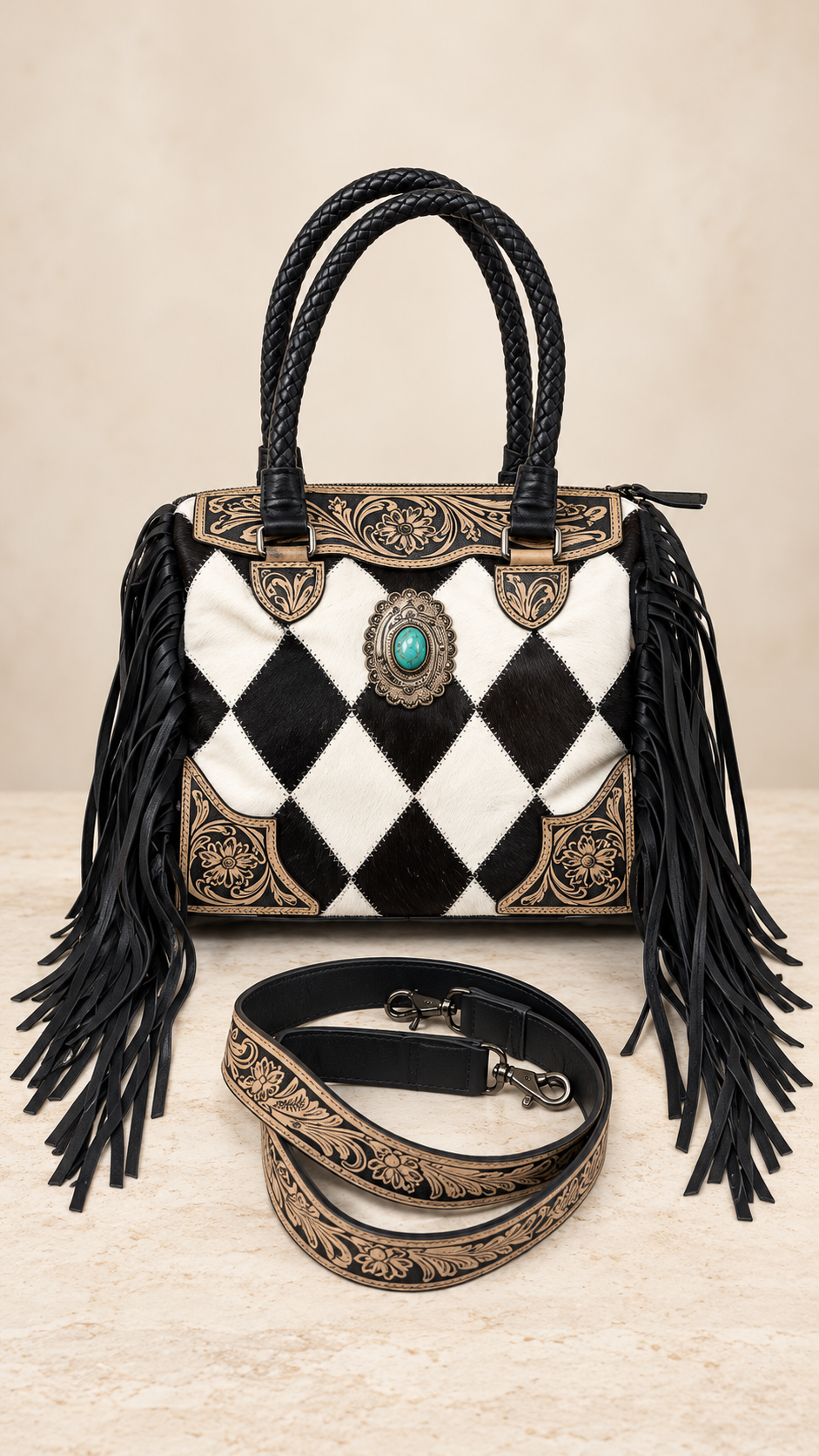 The Diamond Trails Cowhide & Tooled Leather Fringe Handbag