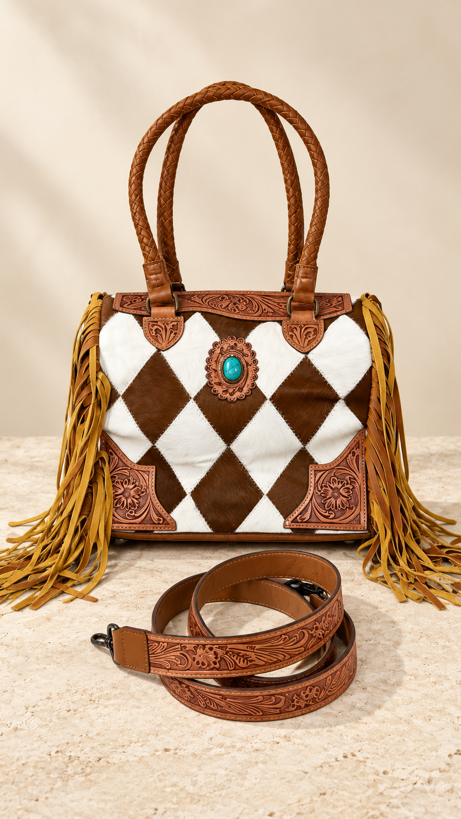 The Diamond Trails Cowhide & Tooled Leather Fringe Handbag
