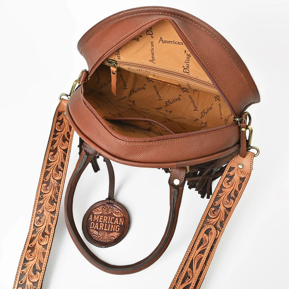 American Darling Denim & Floral Tooled Leather Fringe Canteen Bag