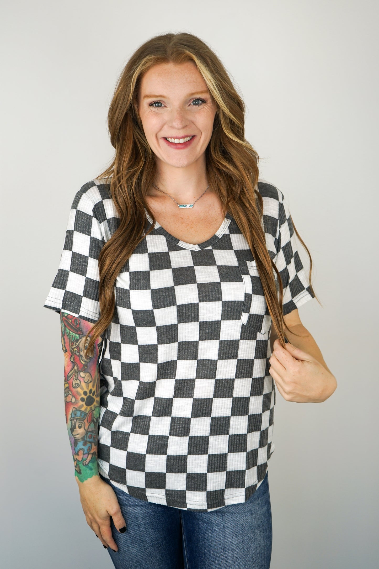 Super Soft Checkered V Neck