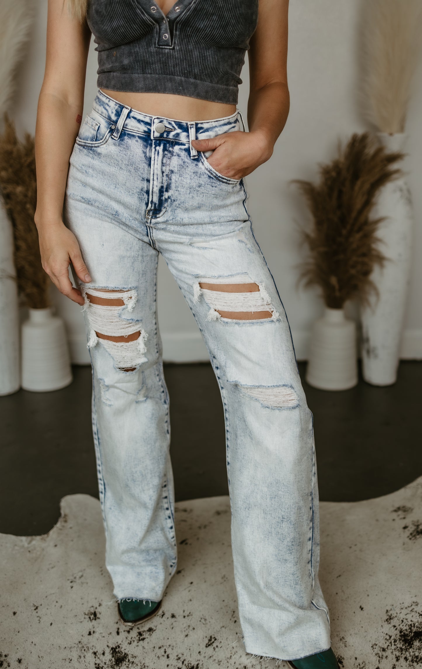 Becca High Rise Distressed Wide Leg Risen Jeans