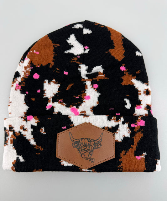 Splatter Paint Cow Print Beanie with Highland Cow Leather Patch