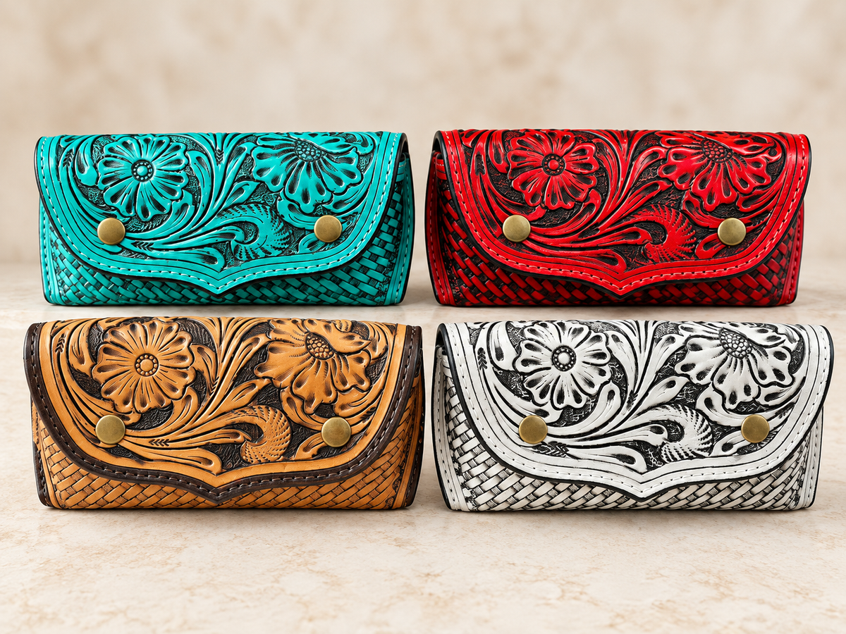 Tooled Leather Floral Sunglasses Case
