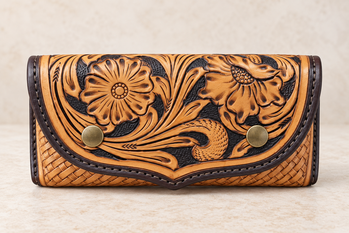 Tooled Leather Floral Sunglasses Case