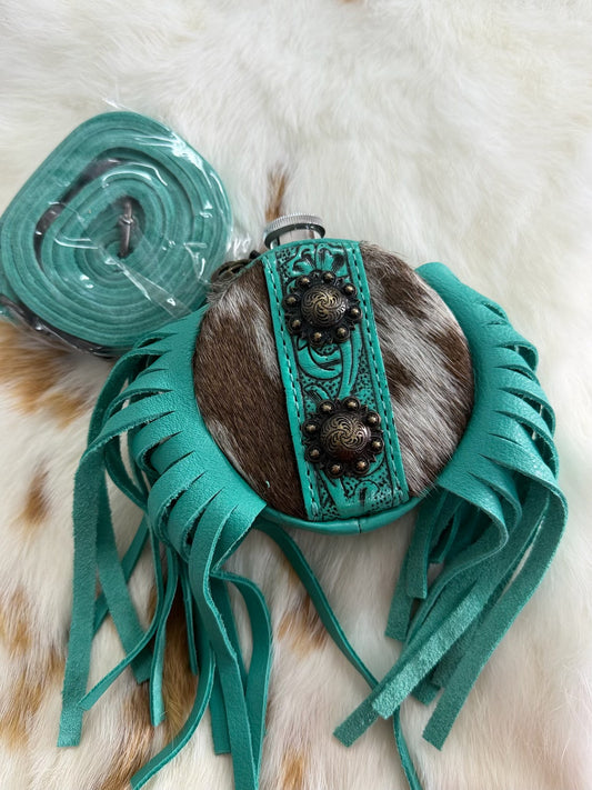 Turquoise Trail Cowhide Fringe Canteen Crossbody – 8oz