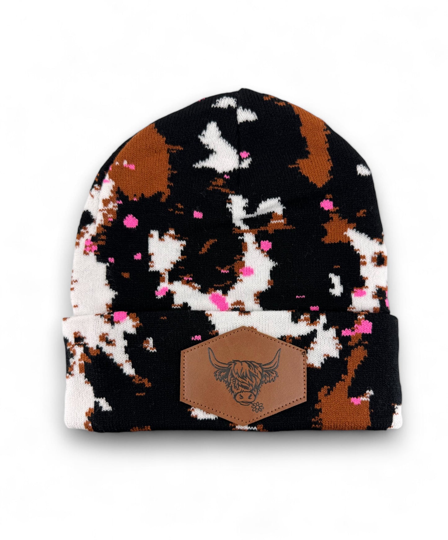 Splatter Paint Cow Print Beanie with Highland Cow Leather Patch