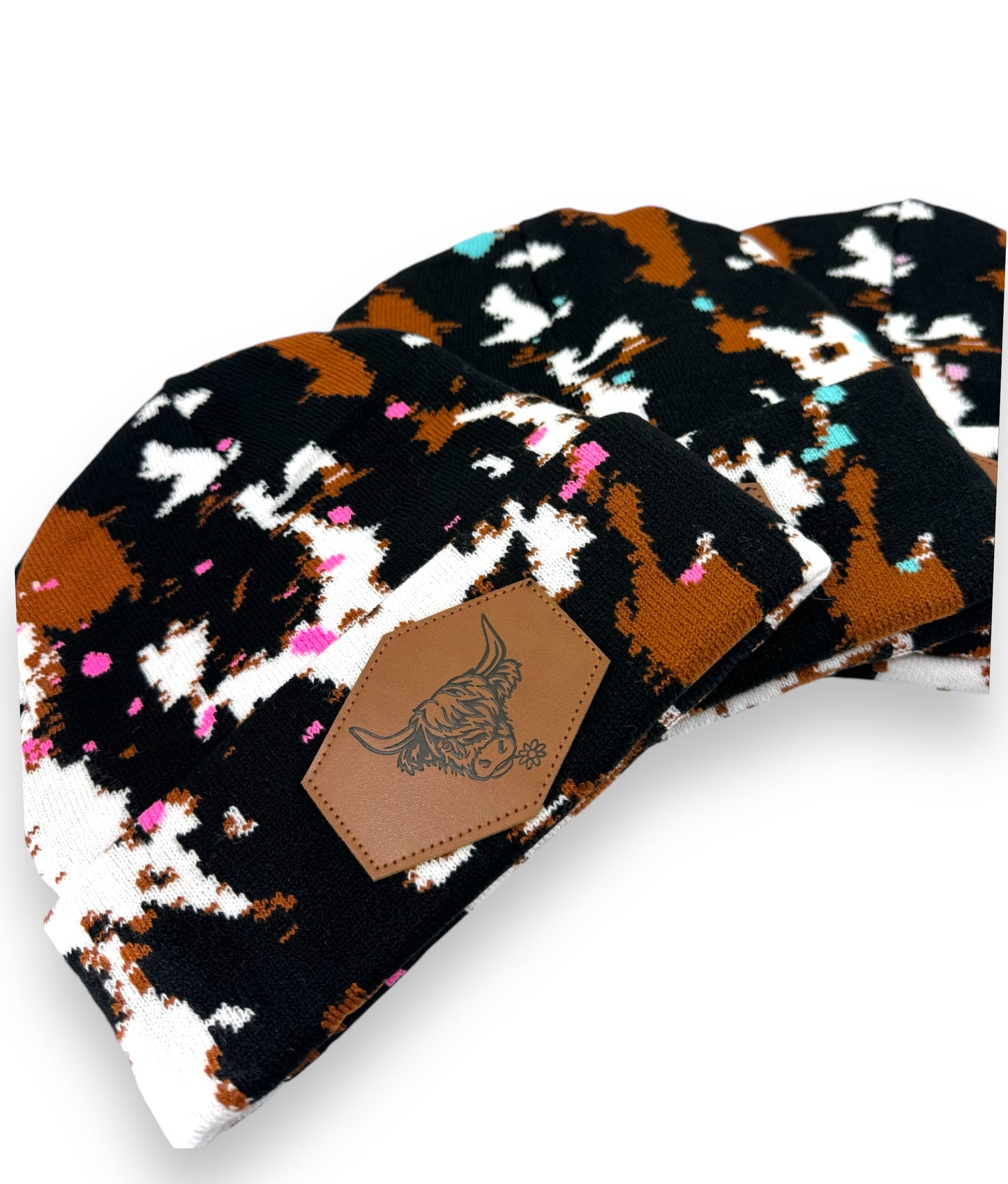 Splatter Paint Cow Print Beanie with Highland Cow Leather Patch