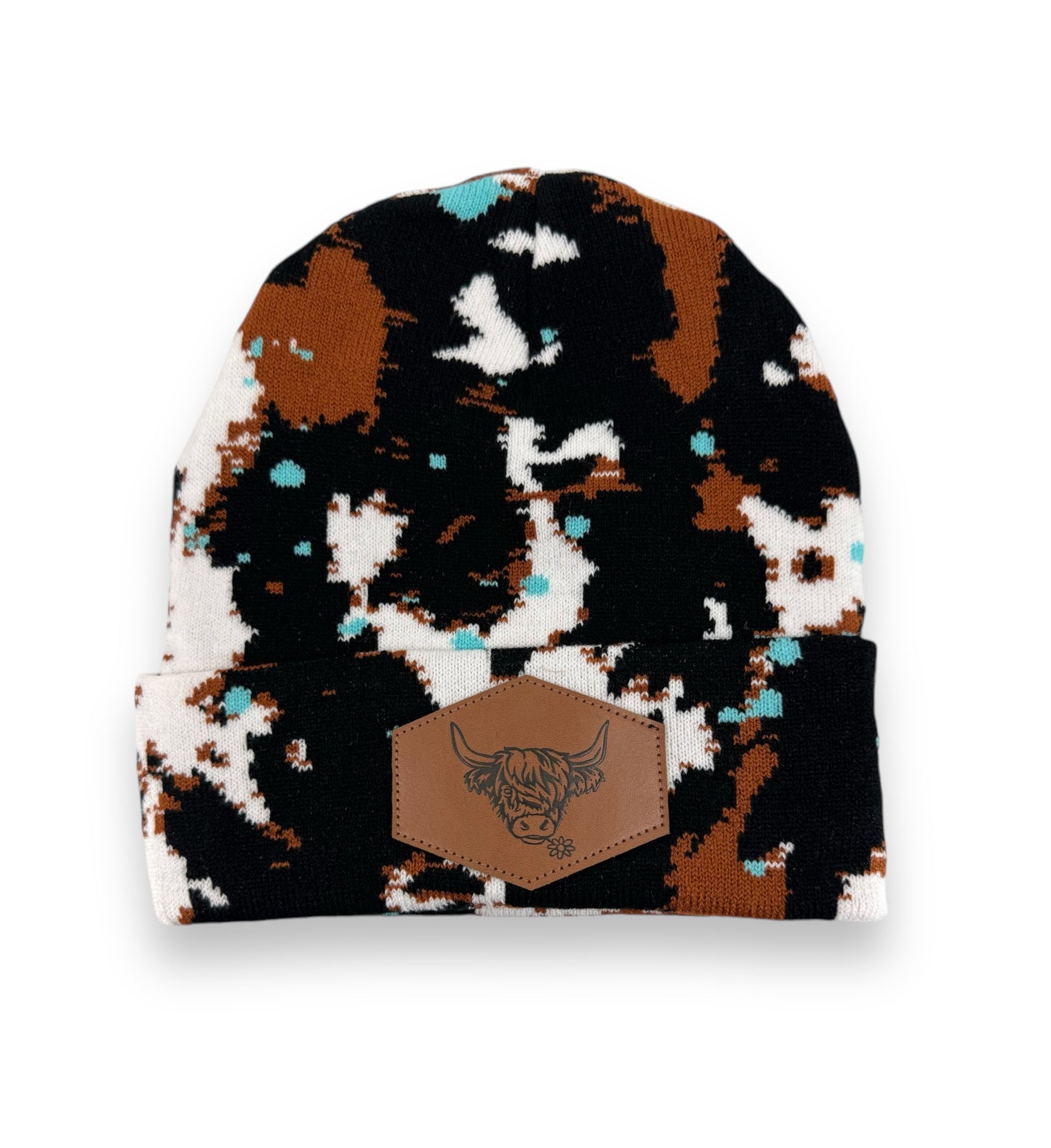 Splatter Paint Cow Print Beanie with Highland Cow Leather Patch