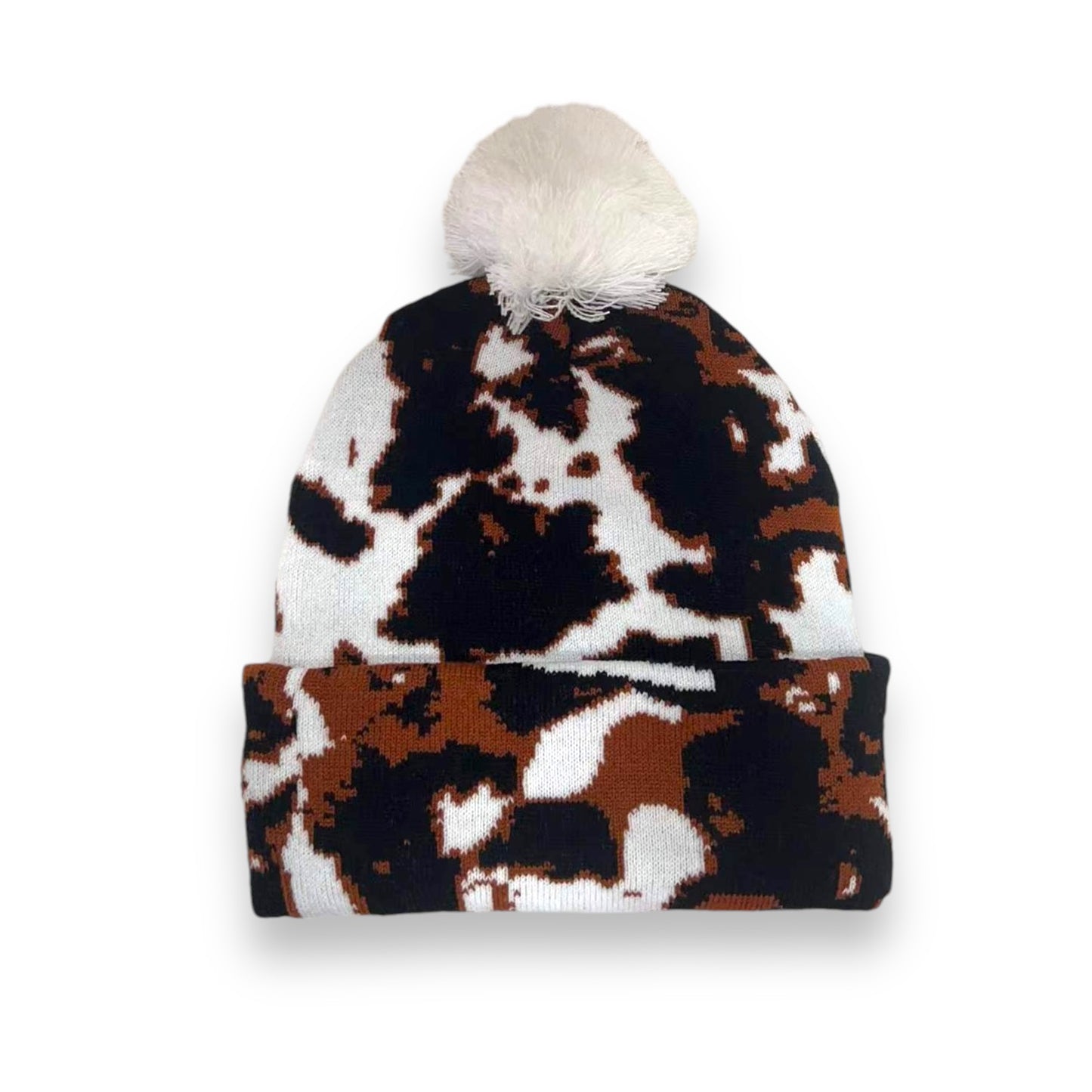 Cow Print Beanie with Pom