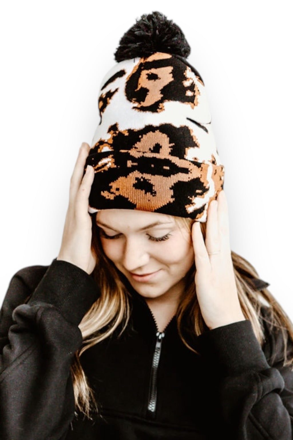 Cow Print Beanie with Pom