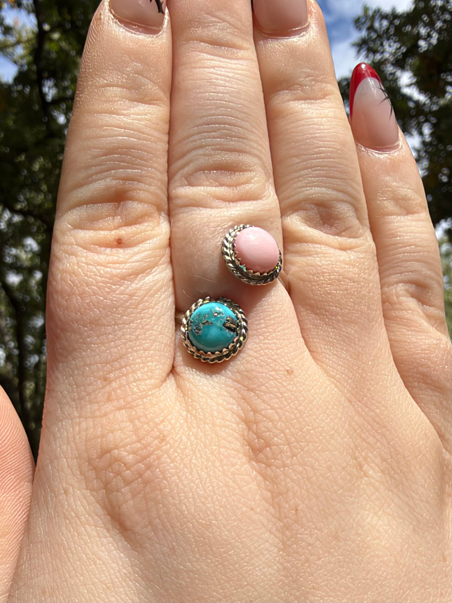 Esther White | Pink Conch and Kingman Turquoise Two Stone Adjustable Ring