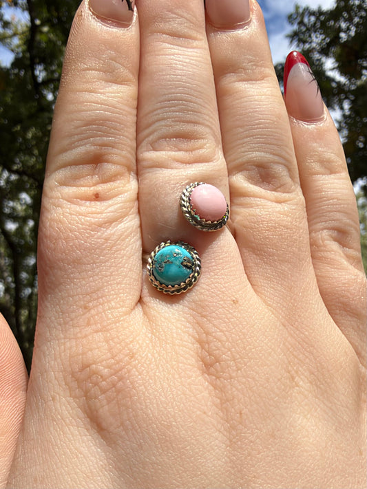 Esther White | Pink Conch and Kingman Turquoise Two Stone Adjustable Ring