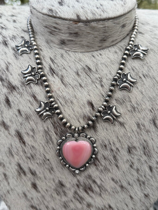 Tom Lewis | Sterling Silver Pink Conch Heart Necklaces with Butterflies