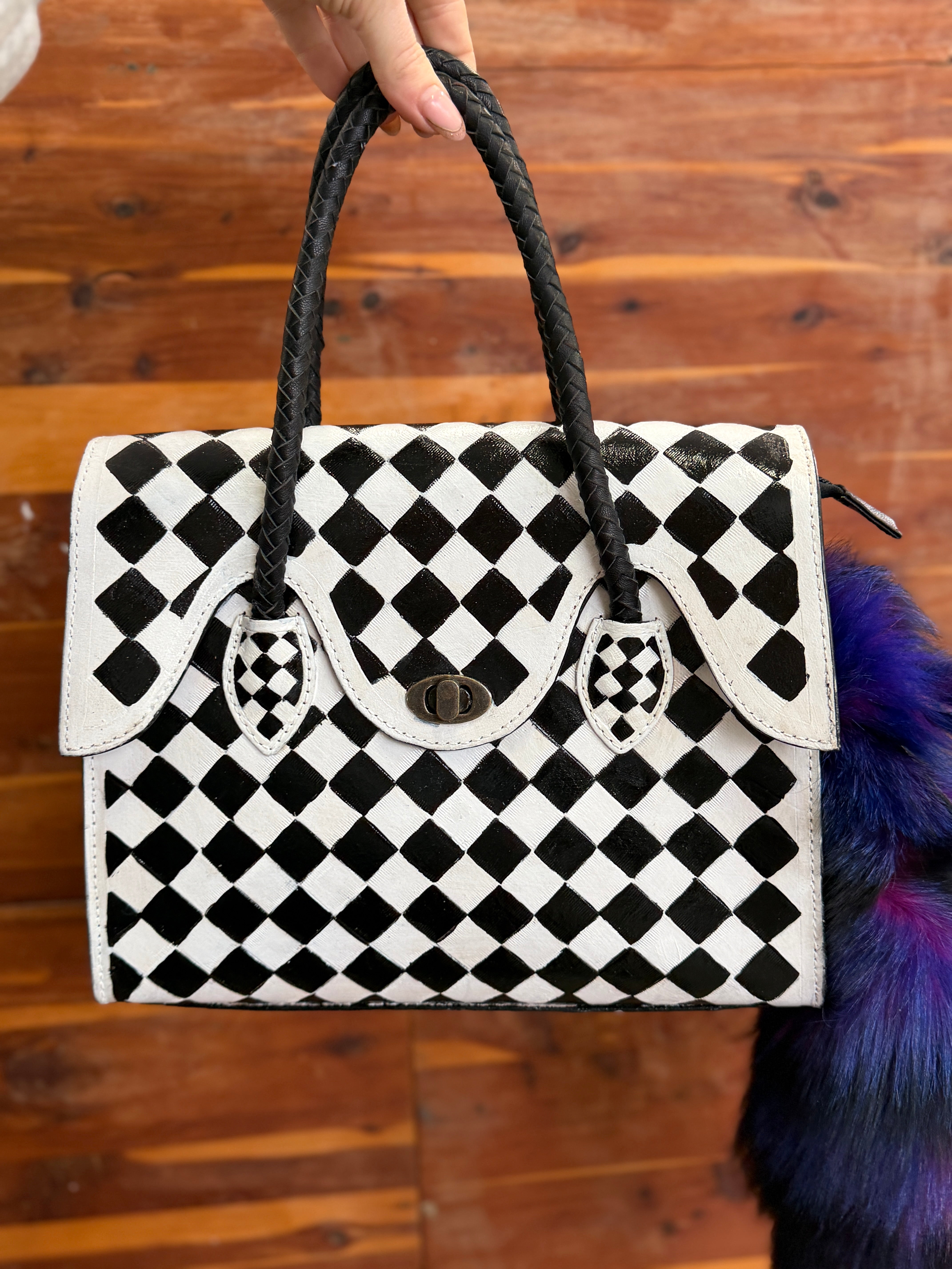 Black and White Checkered Jane Style Leather Bag with Purple Fox