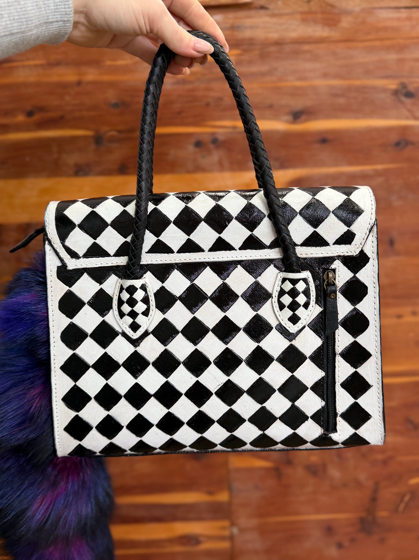Black and White Checkered Jane Style Leather Bag with Purple Fox Tail