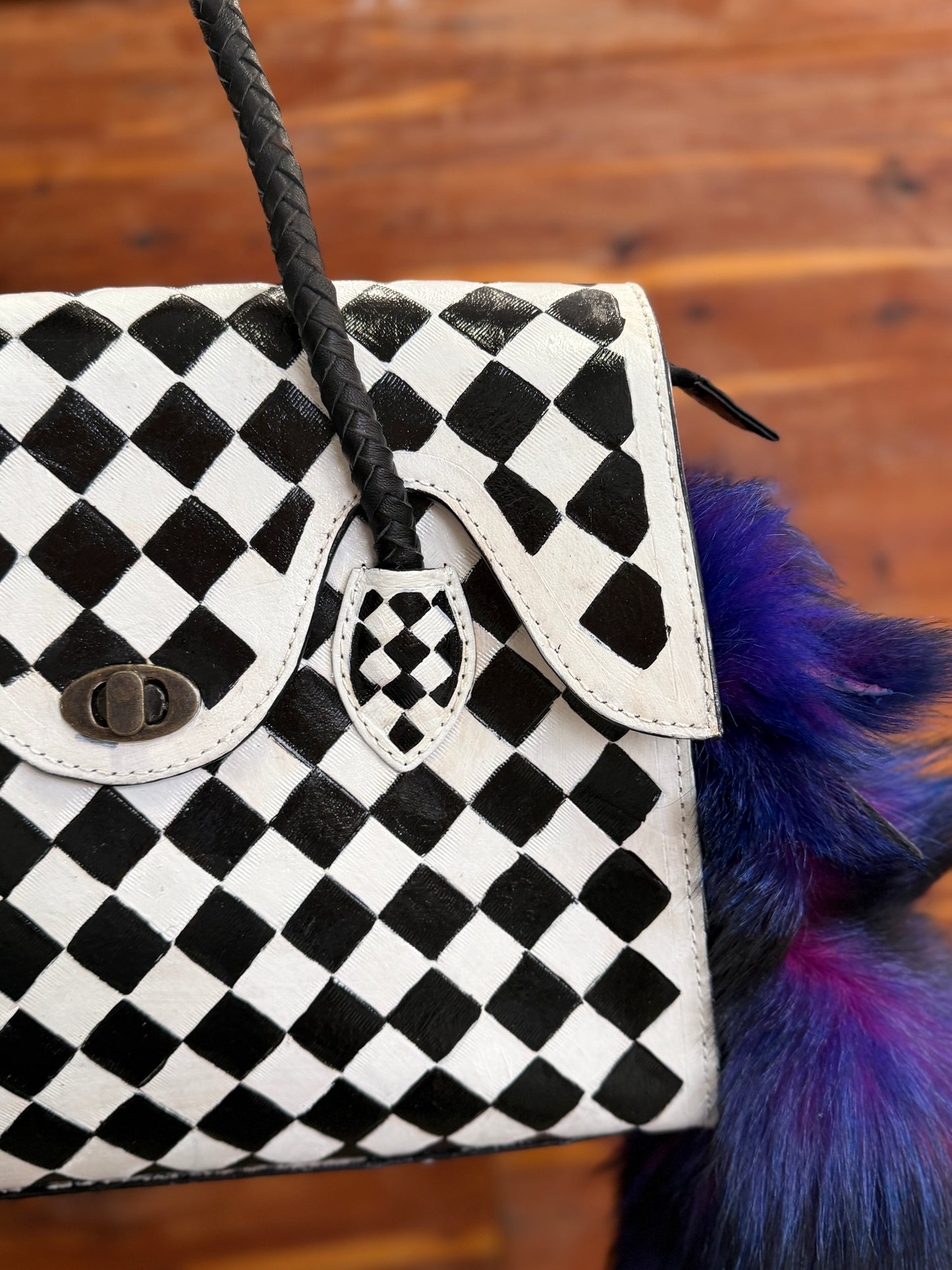 Black and White Checkered Jane Style Leather Bag with Purple Fox Tail