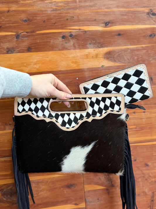 Black and White Checkered Fringe Crossbody and Wallet SET
