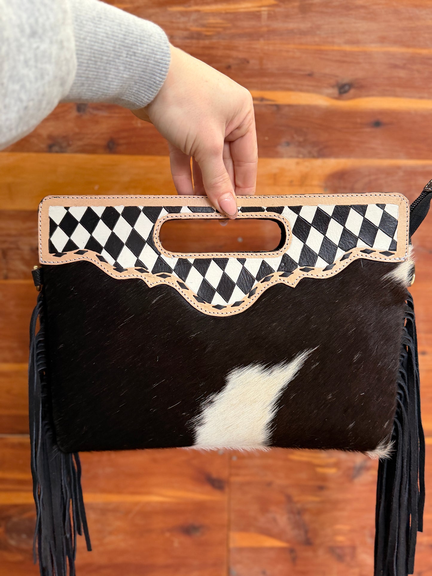 Black and White Checkered Fringe Crossbody and Wallet SET