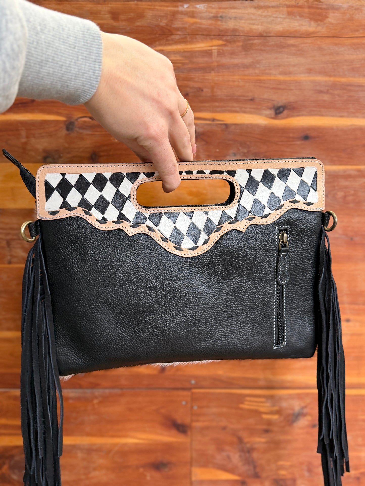 Black and White Checkered Fringe Crossbody and Wallet SET