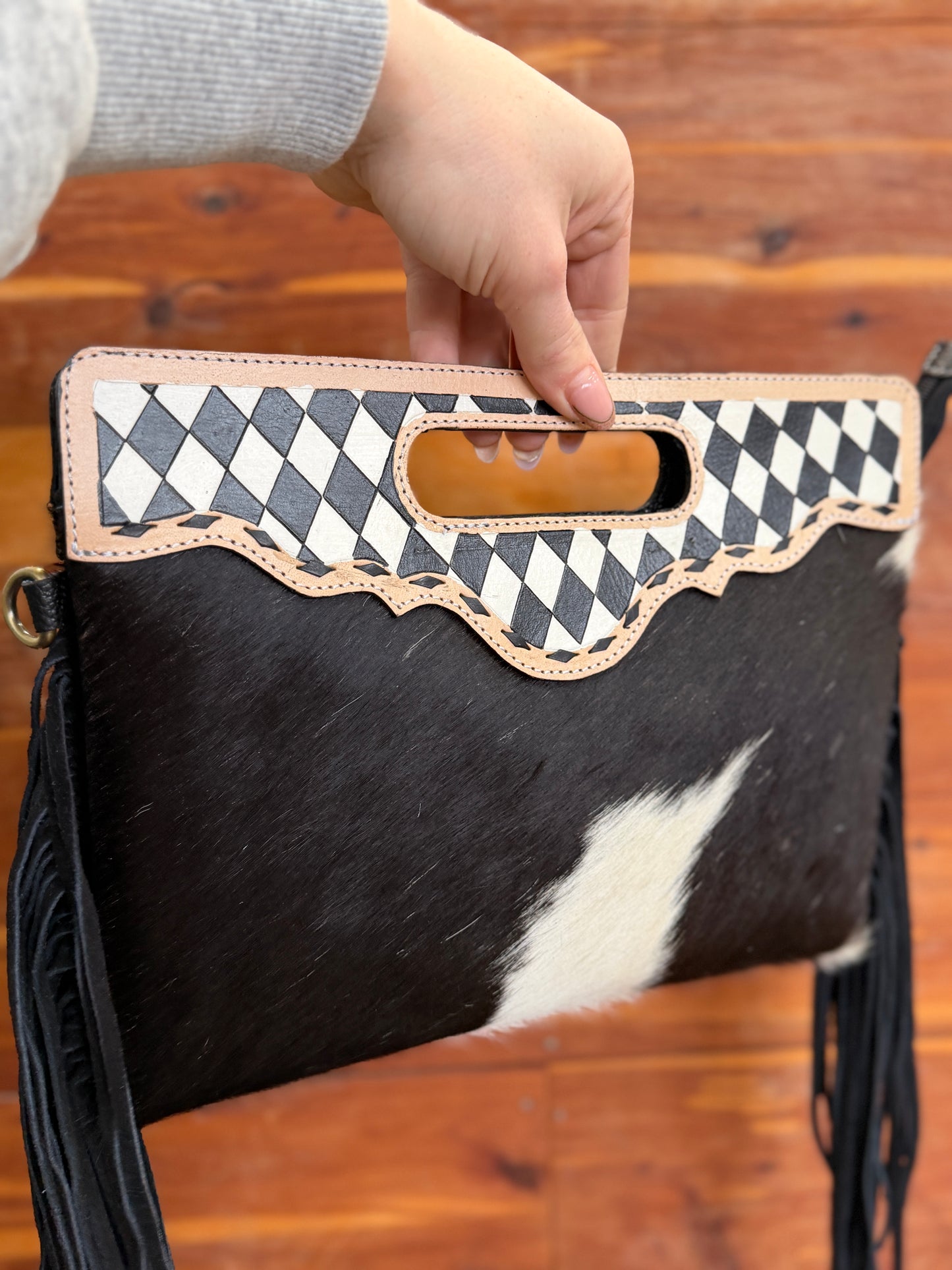 Black and White Checkered Fringe Crossbody and Wallet SET