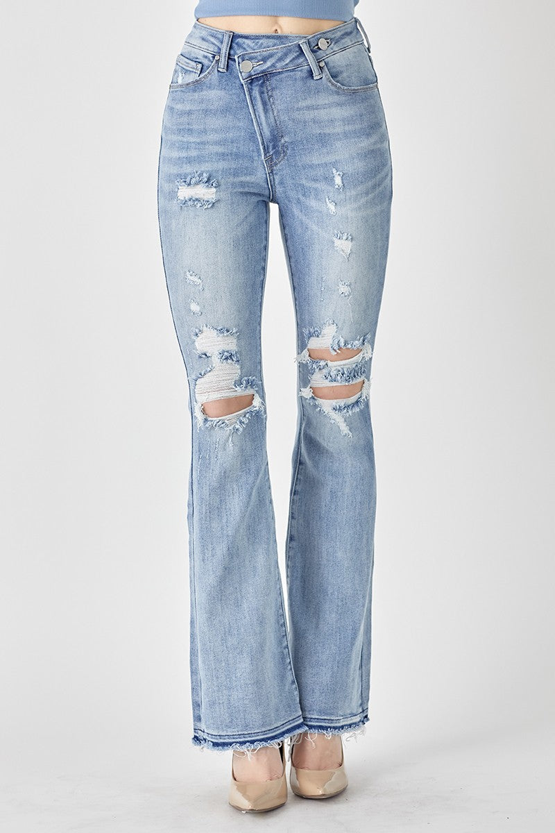 Criss Cross Distressed Stretch Flare